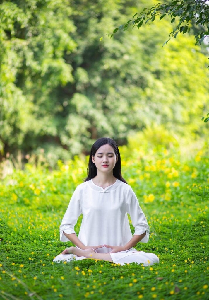 woman, grass, meditation