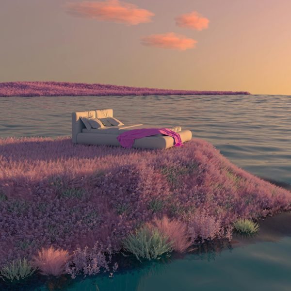 Surreal digital artwork of a bed on a floating lavender island at sunrise, offering a calming and magical escape.